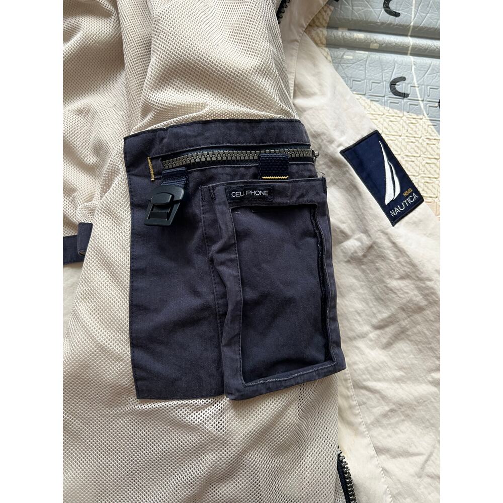 Vintage 90s Nautica NS-83 Beige Navy Hooded Windbreaker Jacket XXL Mesh Lined - Picture 7 of 8